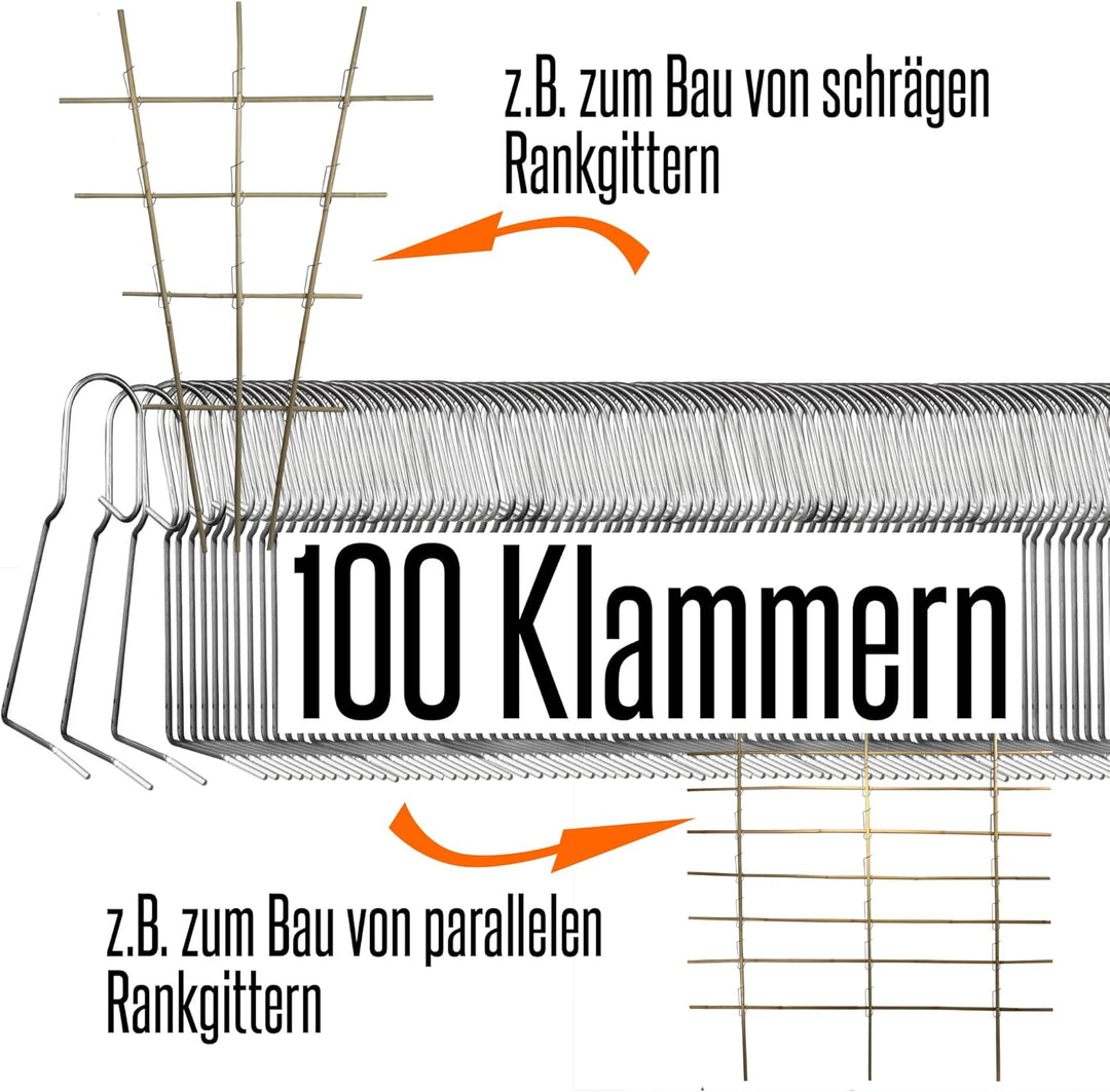 100 Tonkinklammern (Bambusklammern, Clips) aus Edelstahl 306 für Bambus Stangen (Bambusrohr) mit Dur