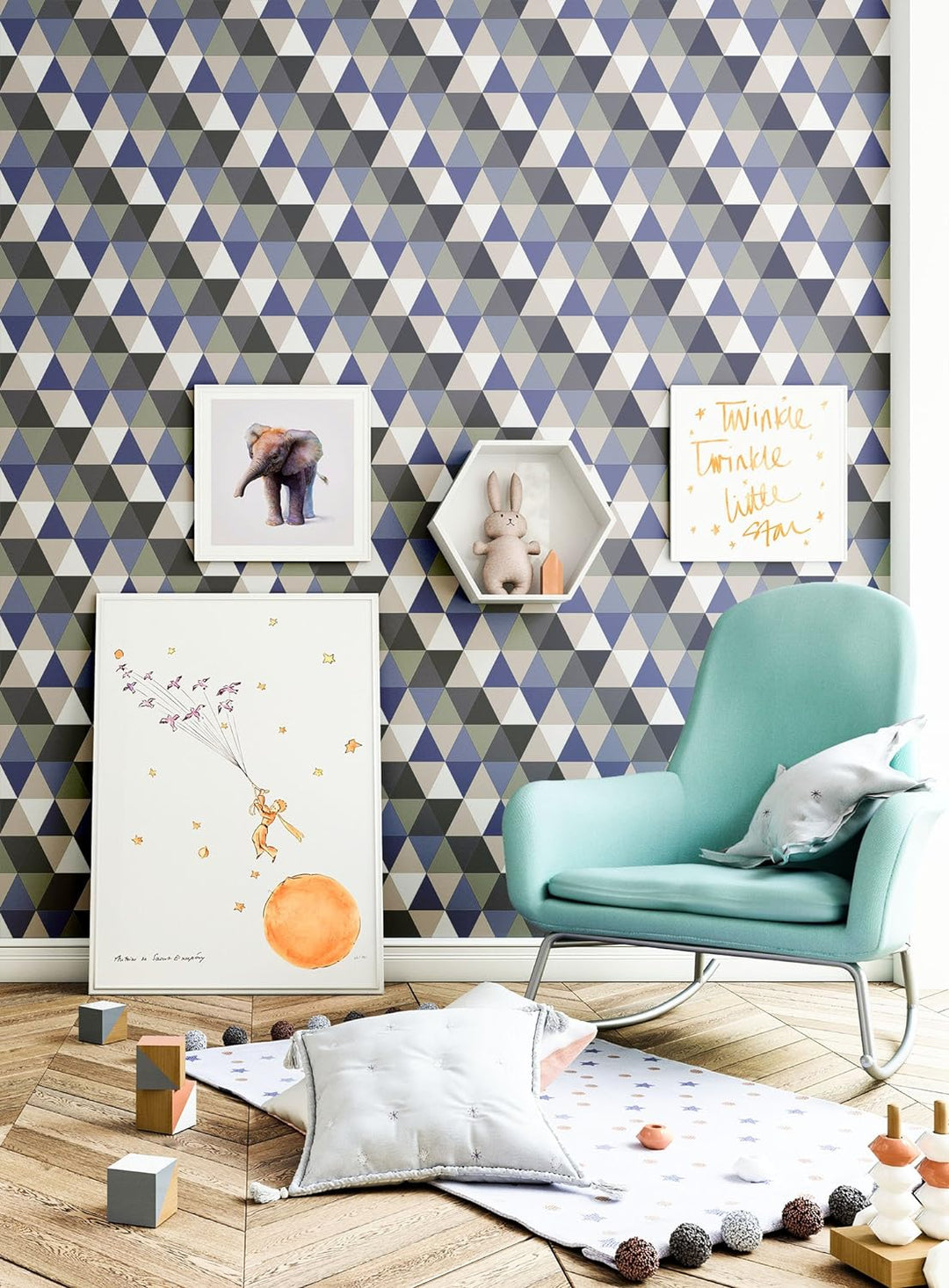NEWROOM Kindertapete Blau Geometrie Dreiecke Kinder Vliestapete Beige Vlies Kindertapete Kinderzimme