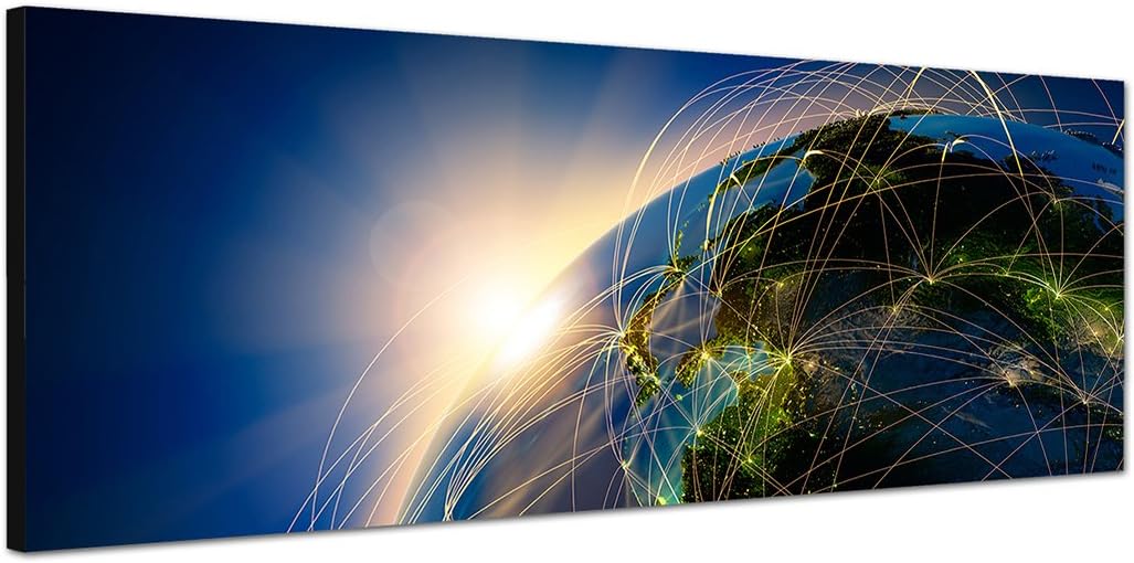 Paul Sinus Art Panoramabild auf Leinwand und Keilrahmen 150x50cm Planet Erde Stadtlichter Sonnenaufg
