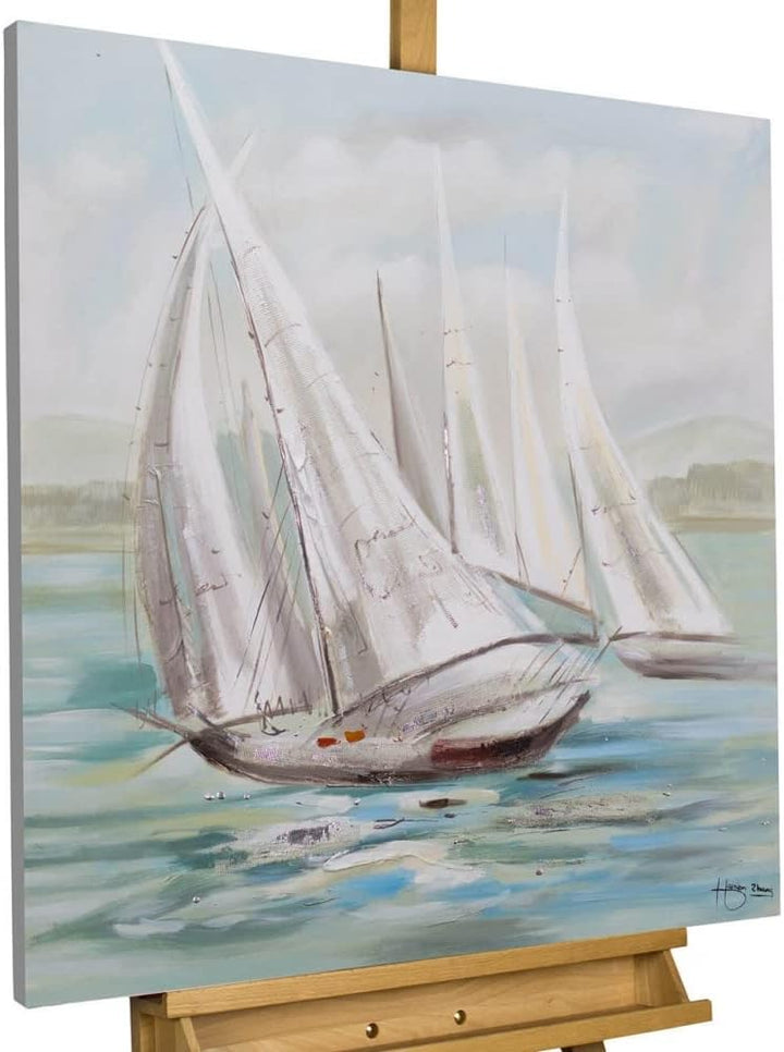 KunstLoft Leinwandbild | 100% HANDGEMALT | 80x80cm | Gemälde 'Riding the Waves' | Schiffe & Boote |