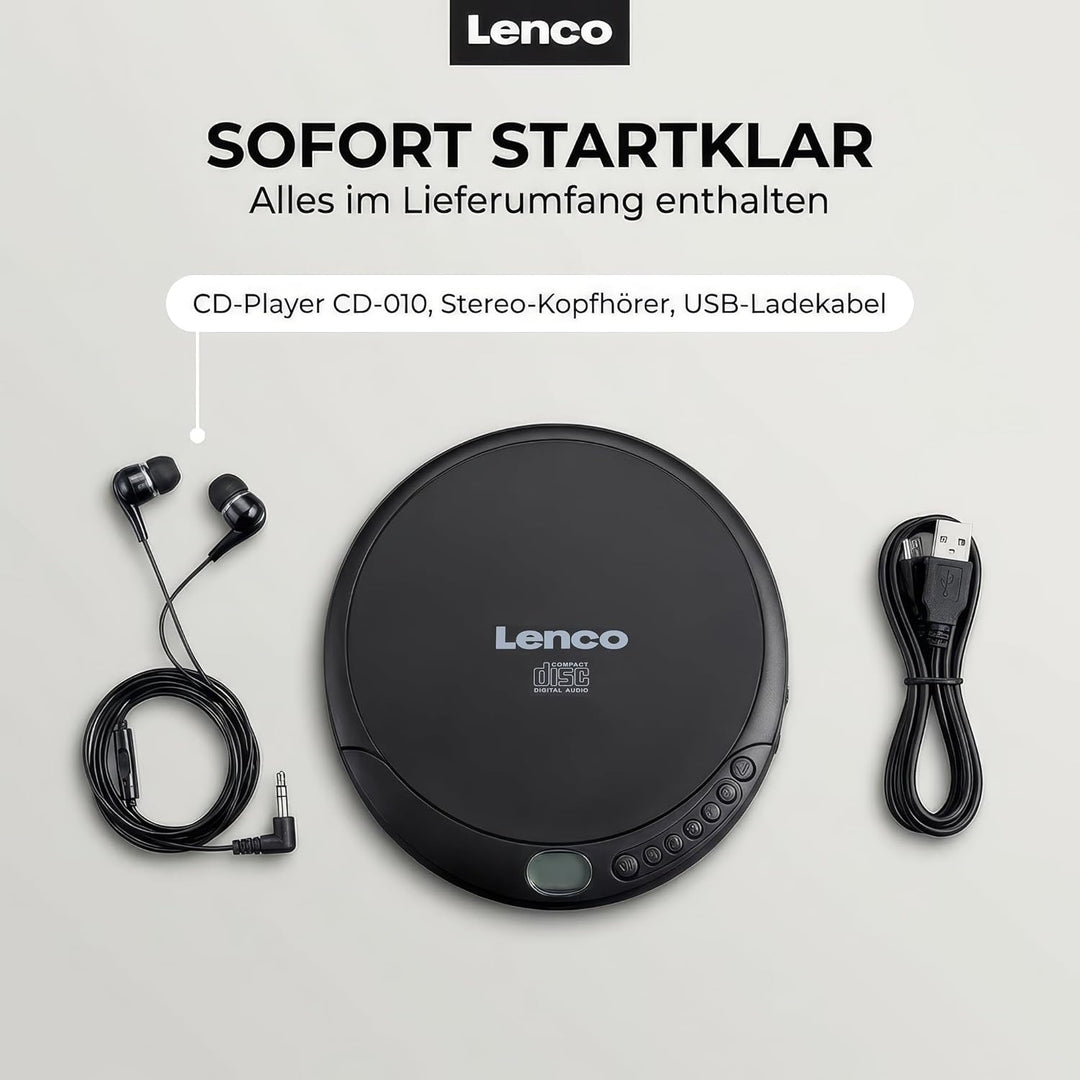 Lenco CD-010 - Tragbarer CD-Player Walkman - Diskman - CD Walkman - Mit Kopfhörern und Micro USB Lad
