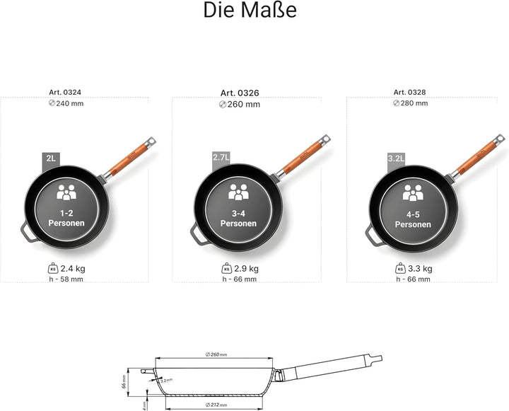 BIOL Gusseisen Pfannen Set 24 cm + 26 cm – 2-teilig – Mit abnehmbaren Holzgriffen – Für Induktion, G