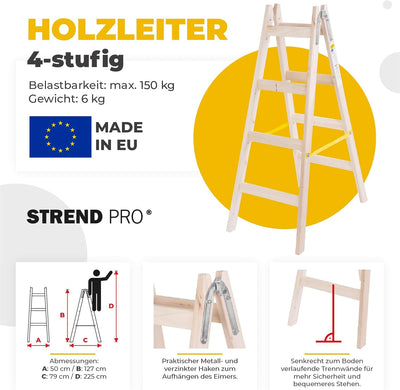 STREND PRO Holzleiter 4 Stufen 1,27m | IDEAL Malerleiter Holz für Malerarbeiten, Renovierungen, Repa