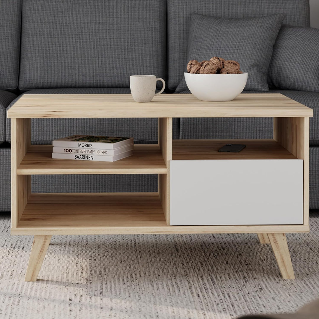 Forte VANKKA Couchtisch 90, Tisch mit offenen Fächern und Schublade, Holzwerkstoff, Planked Eiche De