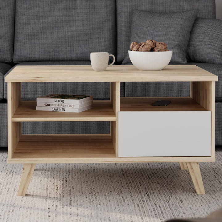 Forte VANKKA Couchtisch 90, Tisch mit offenen Fächern und Schublade, Holzwerkstoff, Planked Eiche De