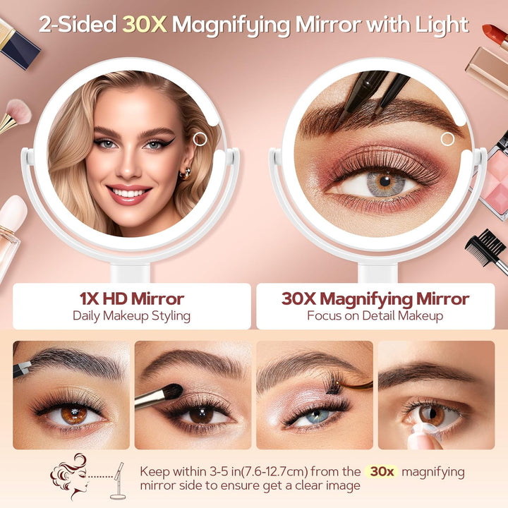 B Beauty Planet Beleuchteter Makeup Spiegel 30X Vergrösserungsspiegel mit 3 Farblicht, dimmbare LED