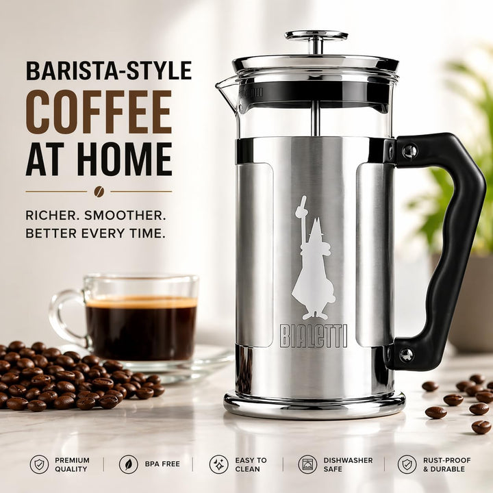 Bialetti Kaffeepresse Preziosa, French Press Filter für Kaffee oder Tee, Gehäuse aus Edelstahl und B