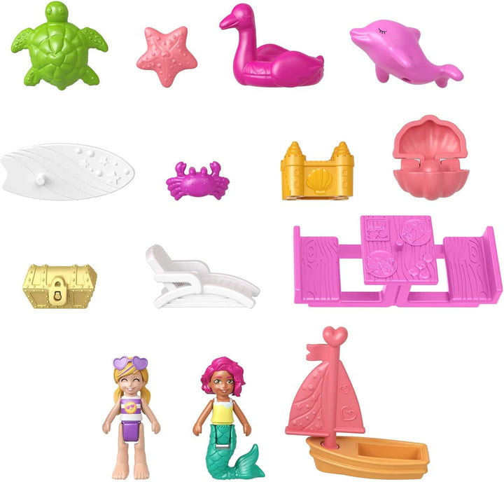 Polly Pocket GTN20 - Delfinstrand Schatulle, 2 kleine Puppen, 5 Überraschungen, 13 Zubehörteile, Pop