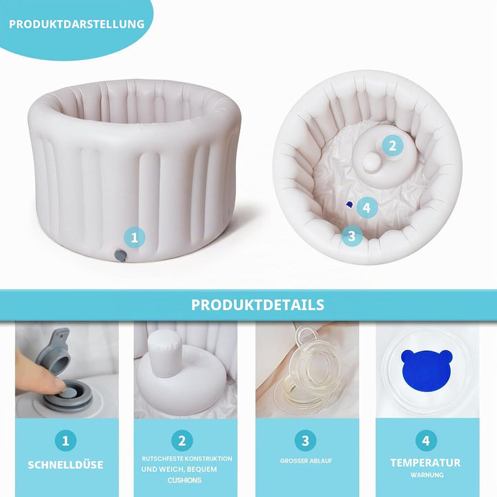 Aufblasbare Babybadewanne XL - Tragbare Kleinkindwanne für Dusche, reisefreundlich, leicht zu entlee
