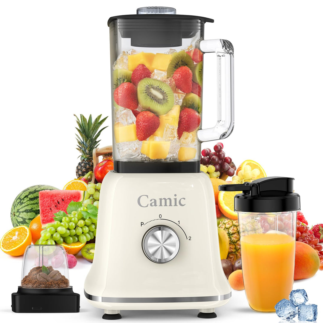 Camic Standmixer 1200W Hochleistungsmixer 3-in-1 mit 1,6L Glasbehälter Mixer & 400ml Reisebecher & 2