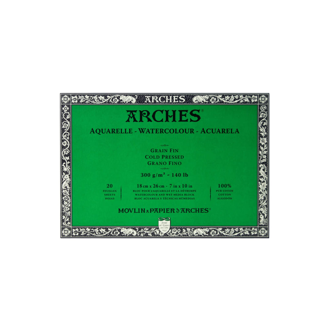 Arches 1795058 Aquarellpapier im Block (18 x 26 cm, 4-seitig geleimt, 300g/m² Feinkorn) 20 Blatt nat