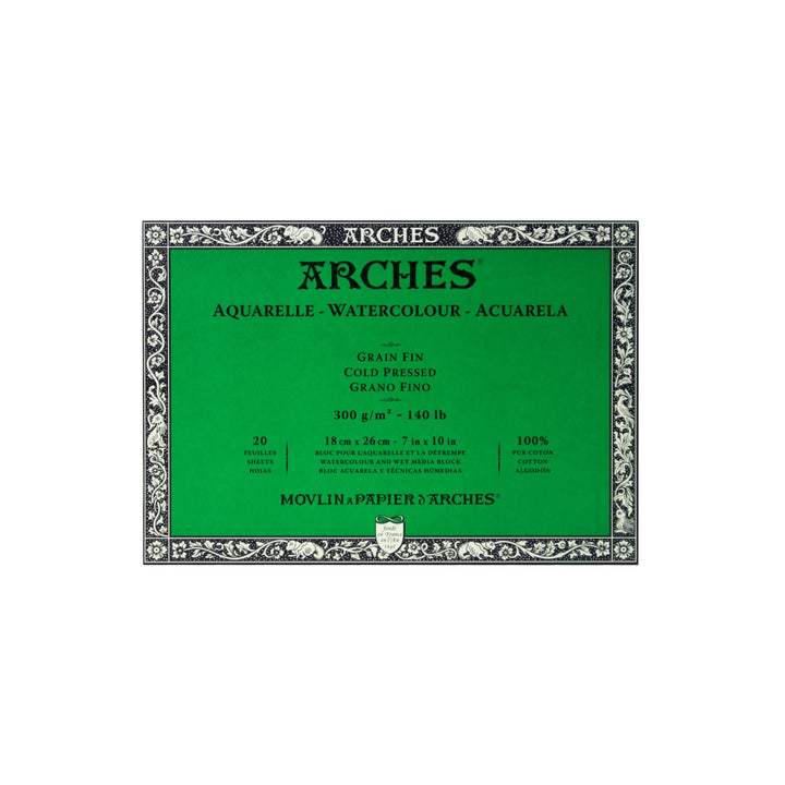 Arches 1795058 Aquarellpapier im Block (18 x 26 cm, 4-seitig geleimt, 300g/m² Feinkorn) 20 Blatt nat