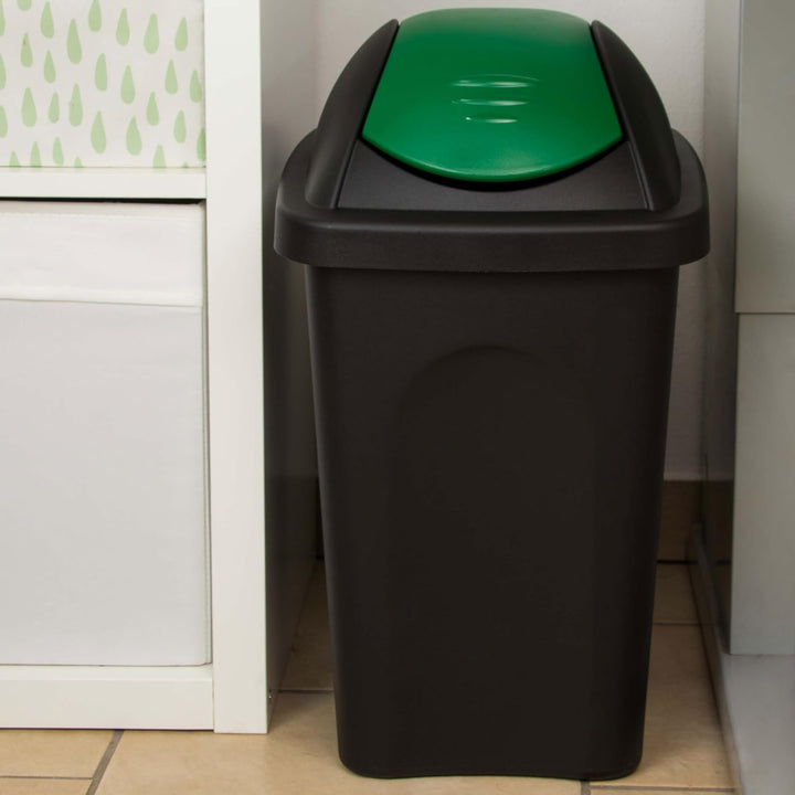 Mülleimer 30l schwarz grün eckig, Schwingdeckel Mülleimer Küche, Mülltonne, Abfalleimer Küche, Mistk