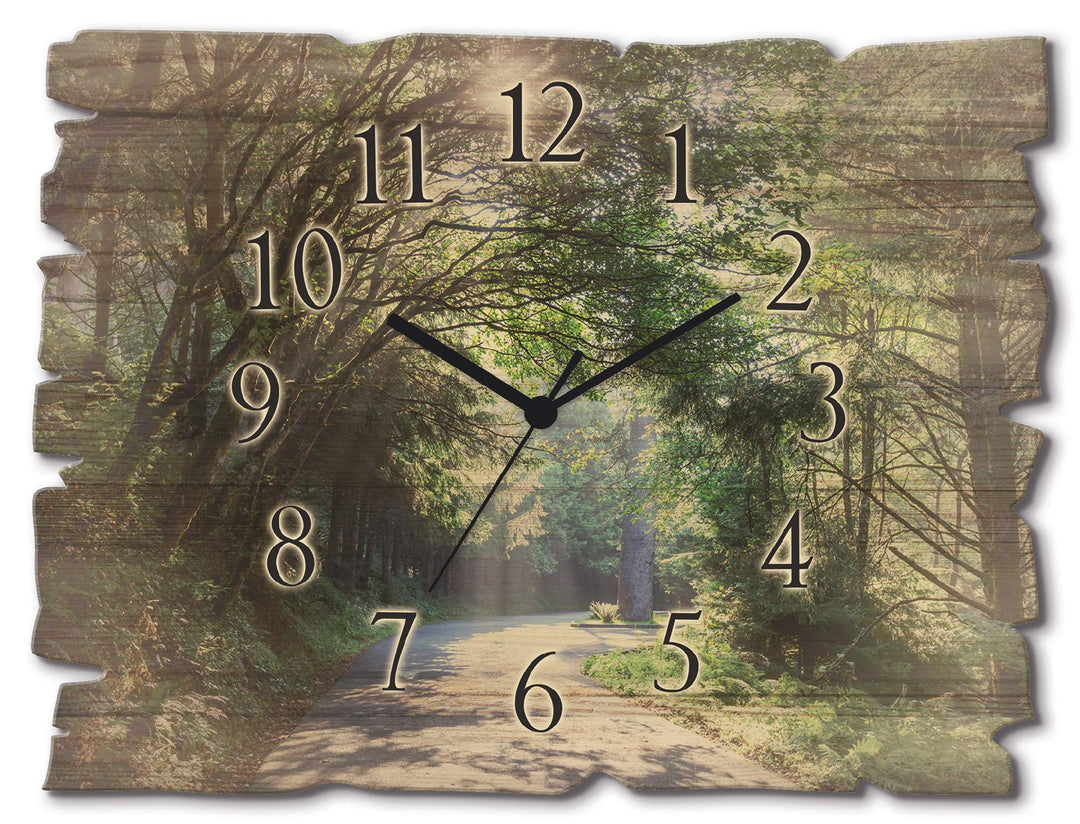 ARTLAND Wanduhr ohne Tickgeräusche aus Holz Funk Uhr lautlos 40x30 cm Rechteckig Wald Landschaft Nat