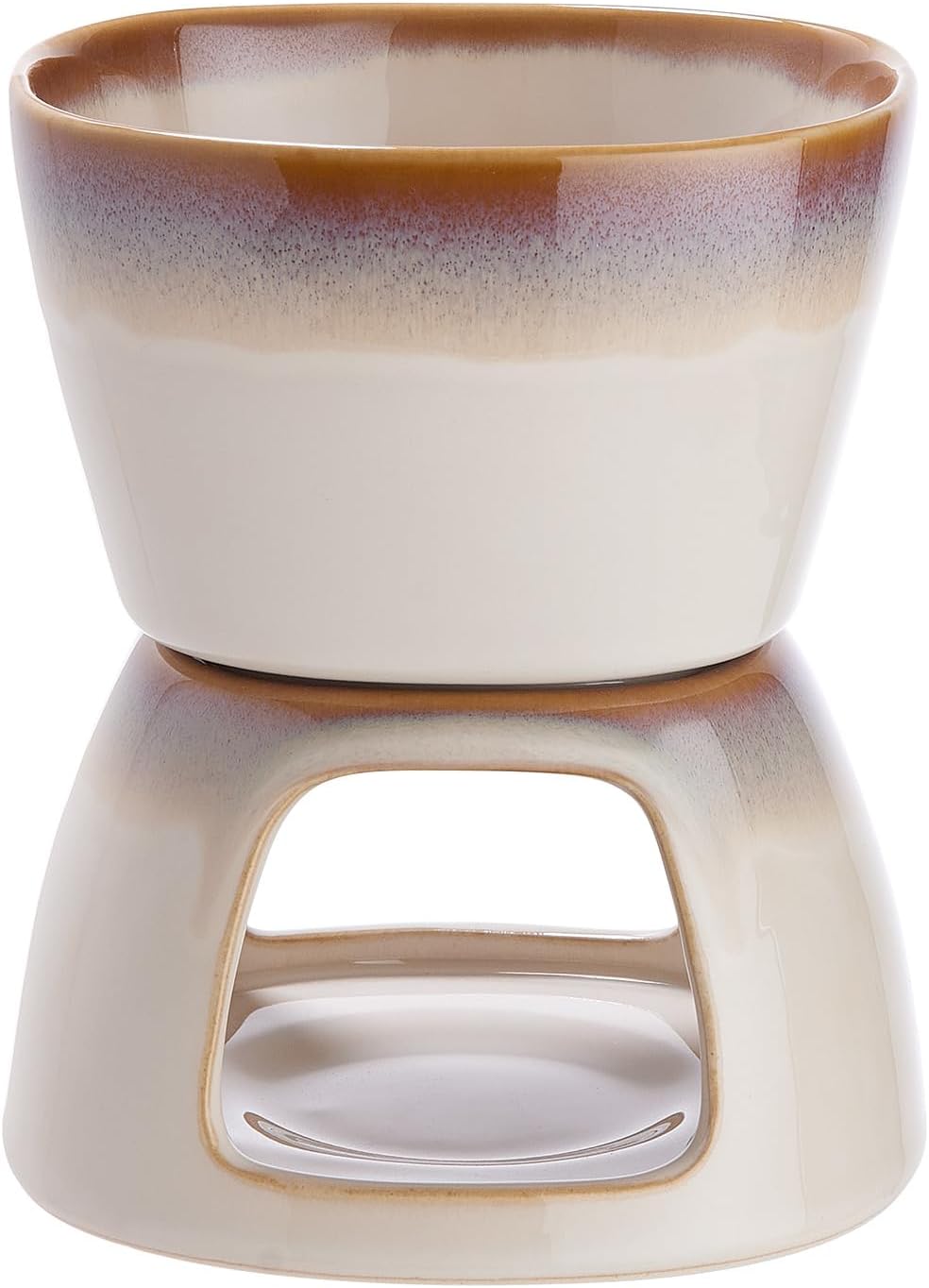 BUTLERS Mini Schokofondue Set für 2 Personen - braun beige Keramik mit reaktiver Glasur, 2 Edelstahl