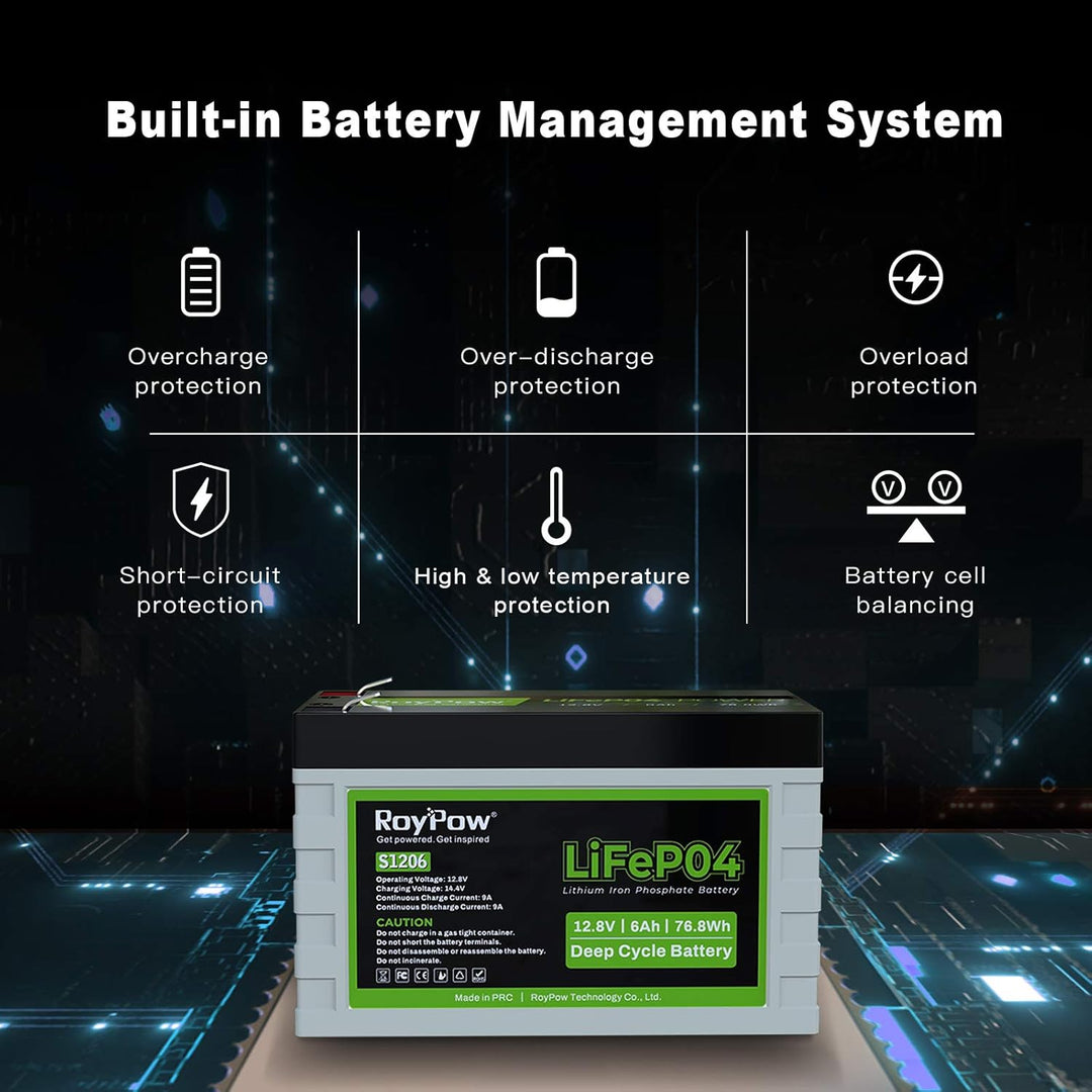 RoyPow LiFePO4 Deep Cycle Batterie 6Ah 12V Wiederaufladbare Lithium Eisenphosphat Batterie 12V 6A, 1