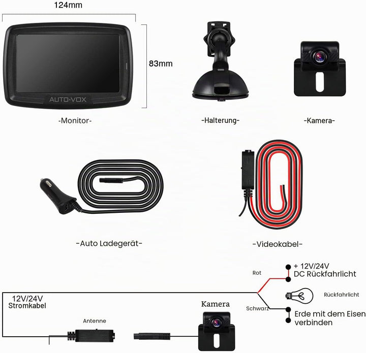 AUTO-VOX TD2 Rückfahrkamera Drahtlos Set mit 4.3" Zoll LCD Monitor, Wireless Einparkhilfe 12V mit IP