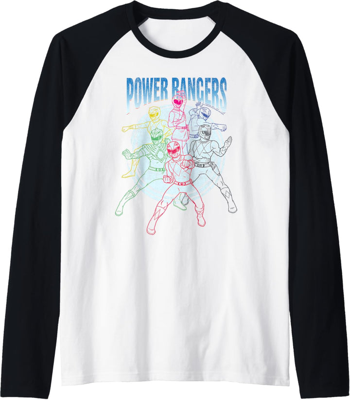 Power Rangers Retro Group Line Art Action Force Portrait Raglan