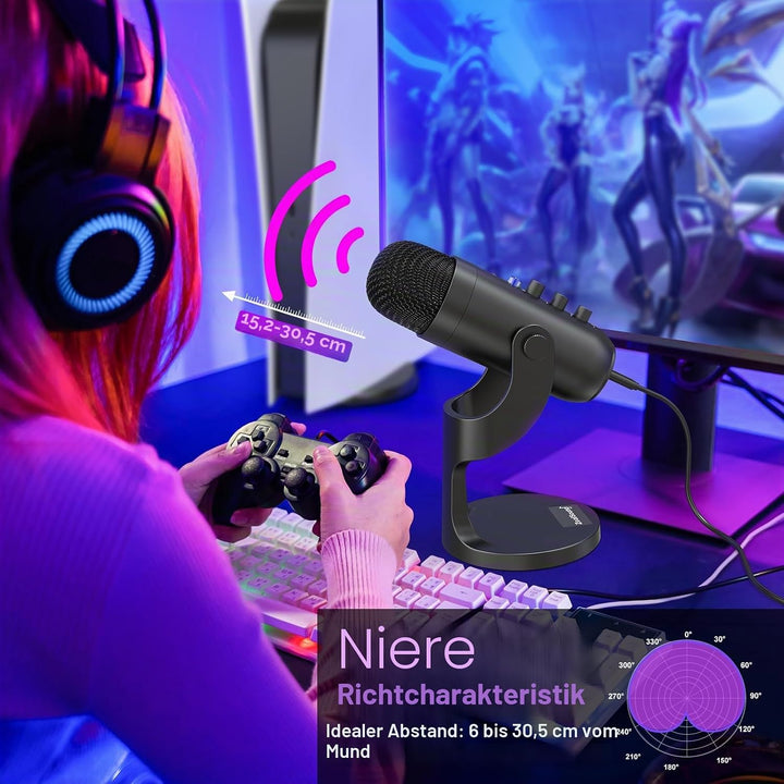 zealsound USB Mikrofon - Kondensatormikrofon für PC und Handy, mit Stummschaltung, Rauschunterdrücku