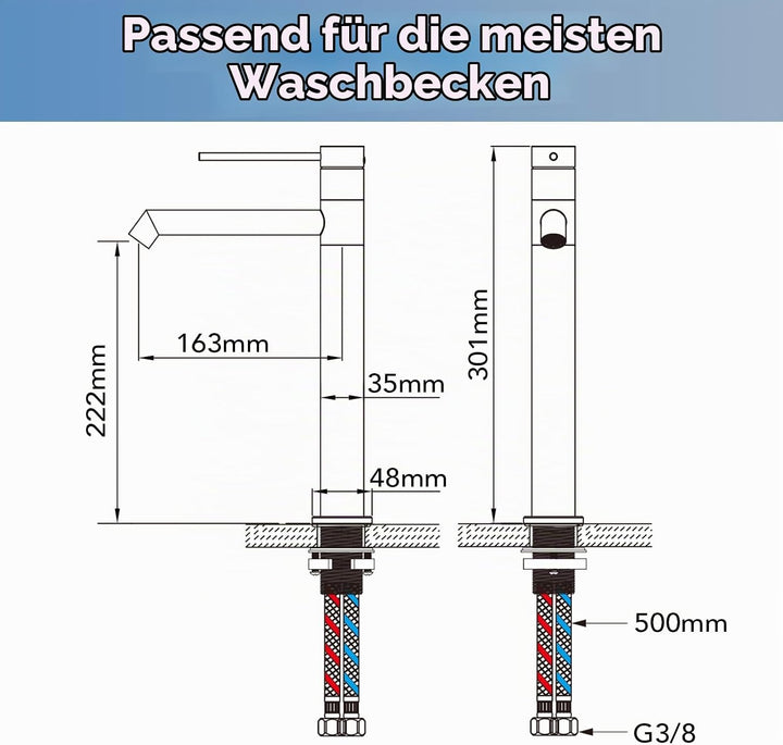 Waschtischarmatur 360° drehbar Wasserhahn Bad mit Warm- und Kaltwassermischer Auslaufhöhe 222 mm bad