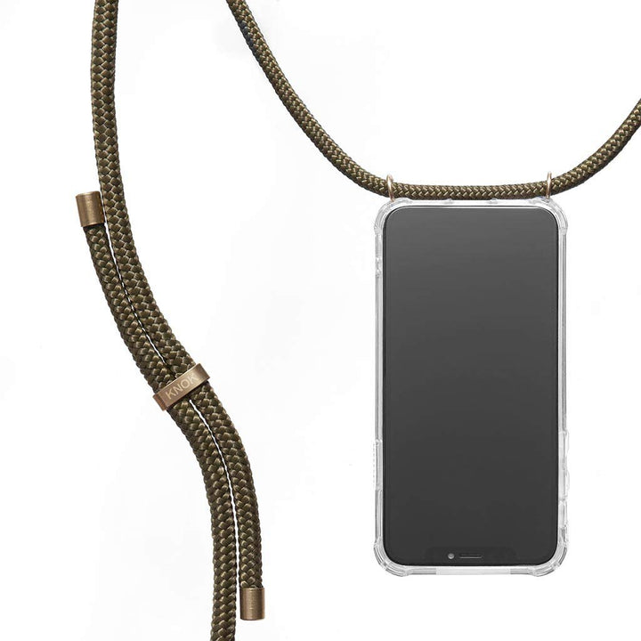 KNOK Premium Handykette für Apple iPhone 16 Pro Max, Olive, transparent | Silikonhülle mit fest verb