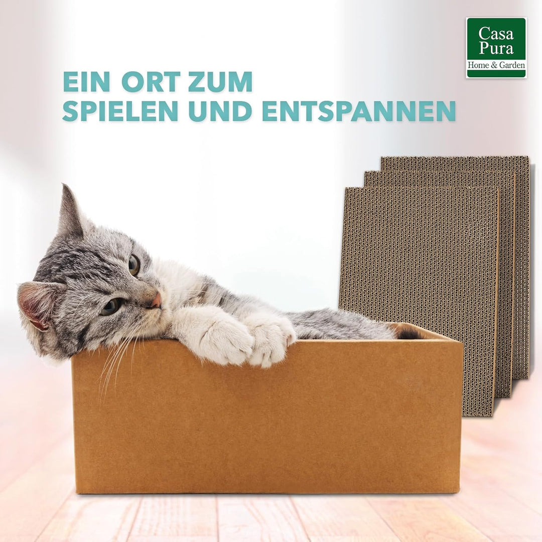 casa pura Katzenkratzbox Tiger mit 5 Kratzbrettern - 43,5 x 29,5 x 14 cm - Doppelseitige Kratzpappe