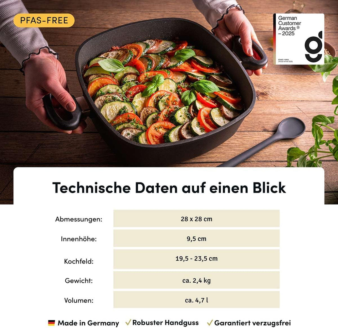 Hoffmann STONIQ Bräter 28×28 cm, 4,7 l, Aluguss, PFAS-freie IQ-SHIELD Antihaftbeschichtung, Induktio