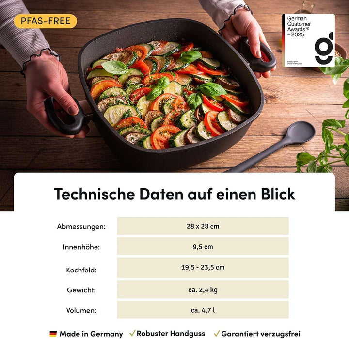 Hoffmann STONIQ Bräter 28×28 cm, 4,7 l, Aluguss, PFAS-freie IQ-SHIELD Antihaftbeschichtung, Induktio