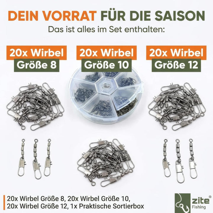 Zite Fishing Dreifach-Wirbel Sortiment 60 Stück - Inklusive praktischer Sortier-Box - Angelwirbel-Se