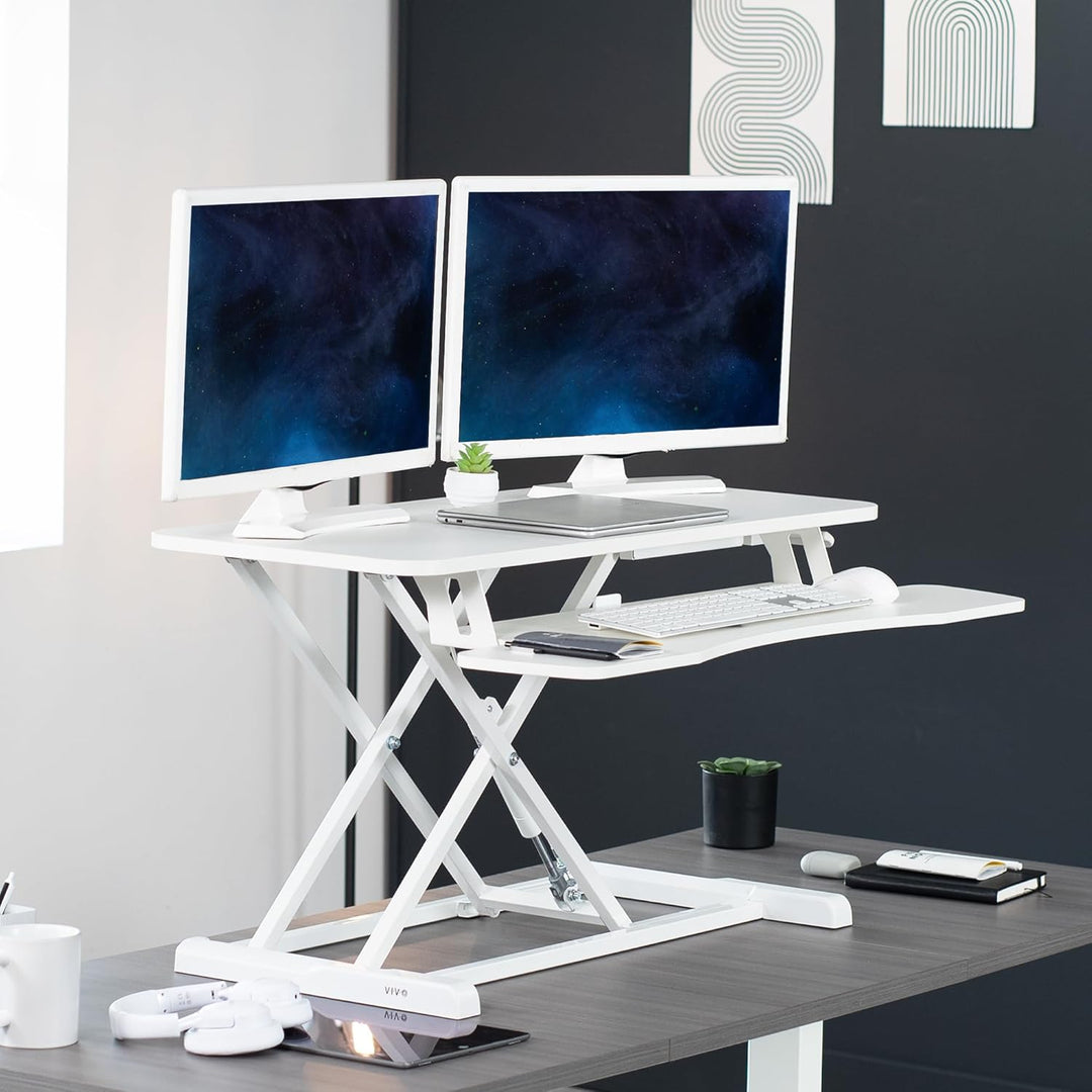 Vivo DESK-V036KW Höhenverstellbarer Schreibtischaufsatz, Sitz-Steh-Arbeitsplatz für zwei Monitore un