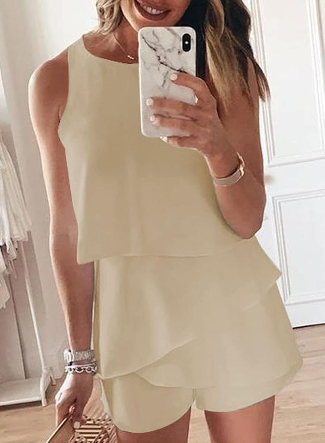Maavoki Jumpsuit Damen Elegant Sommer Ärmellos Overall mit Rüschen Frauen Oberteile Top und Kurze Ho