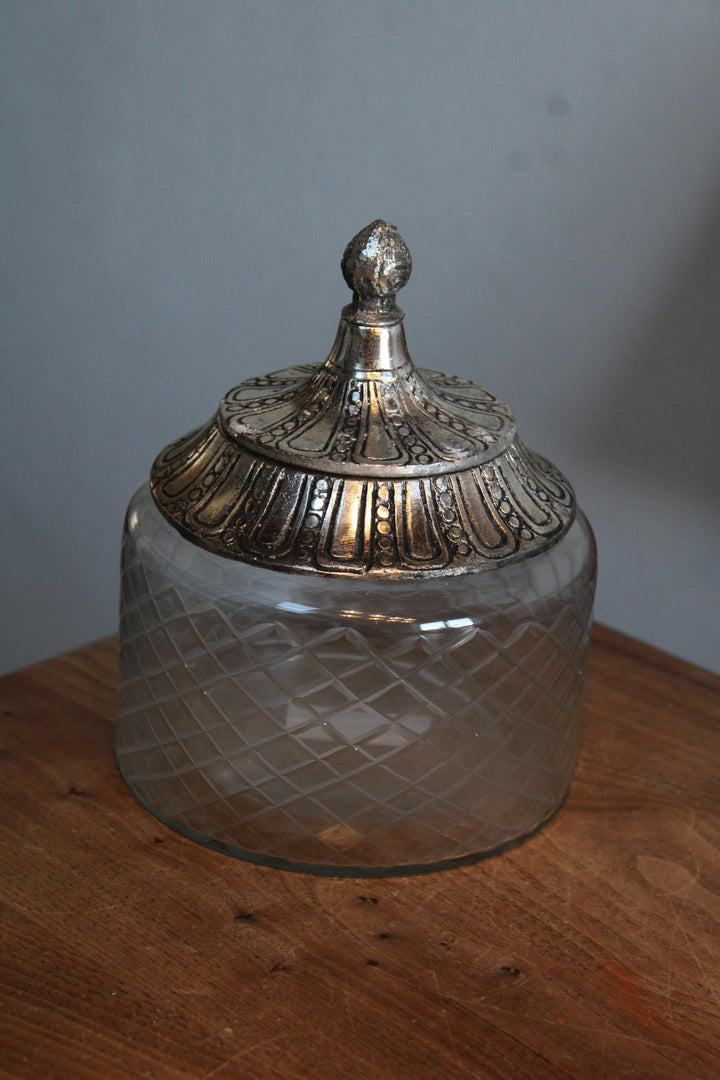 EXNER Vintage Glas-Bonboniere mit Silberfarbigem Metalldeckel, Diamantmuster, 12,5 cm