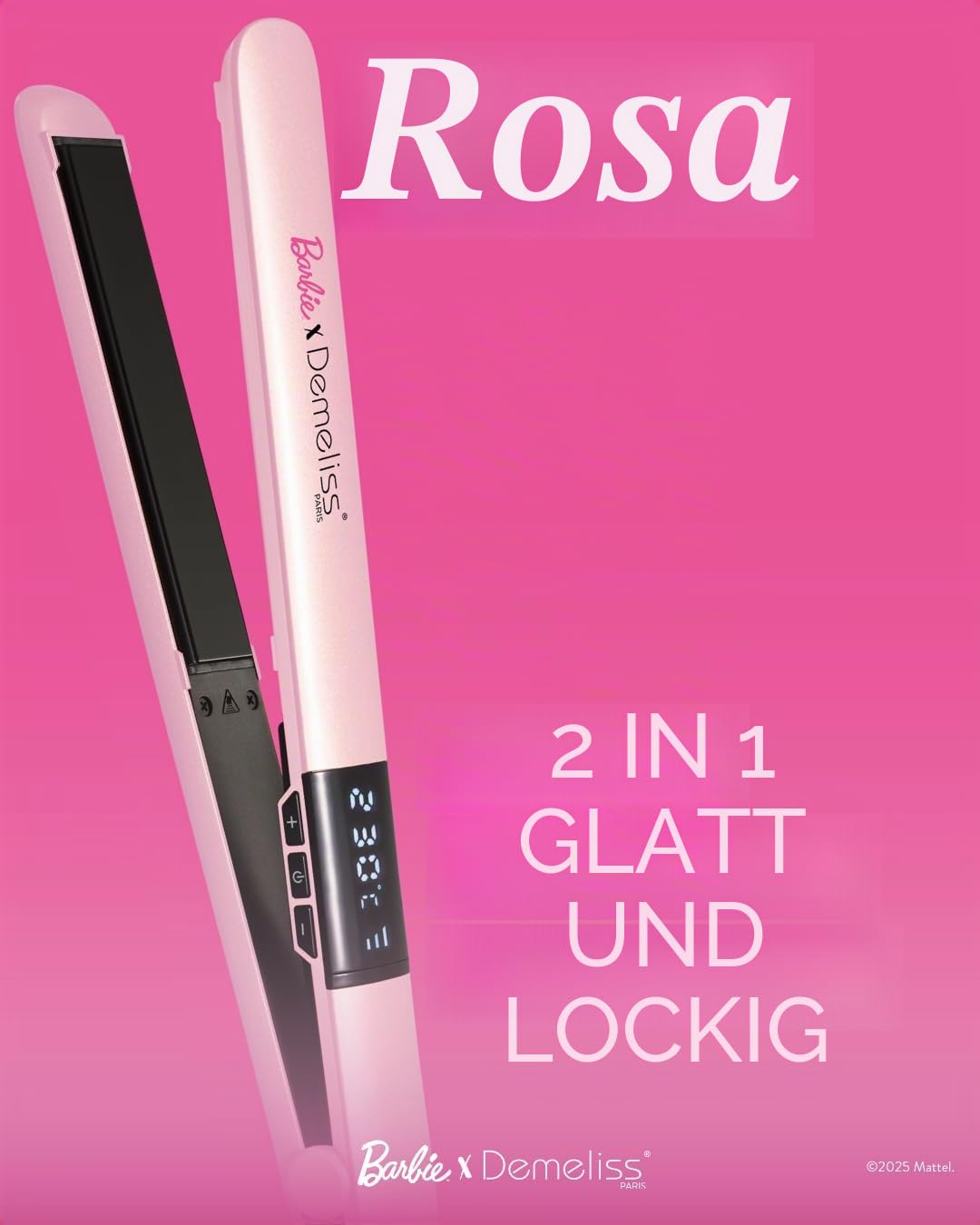Demeliss PINK Barbie Haarglätter 2-in-1 – dünne Keramik-Turmalinplatten mit Keratin angereichert – N