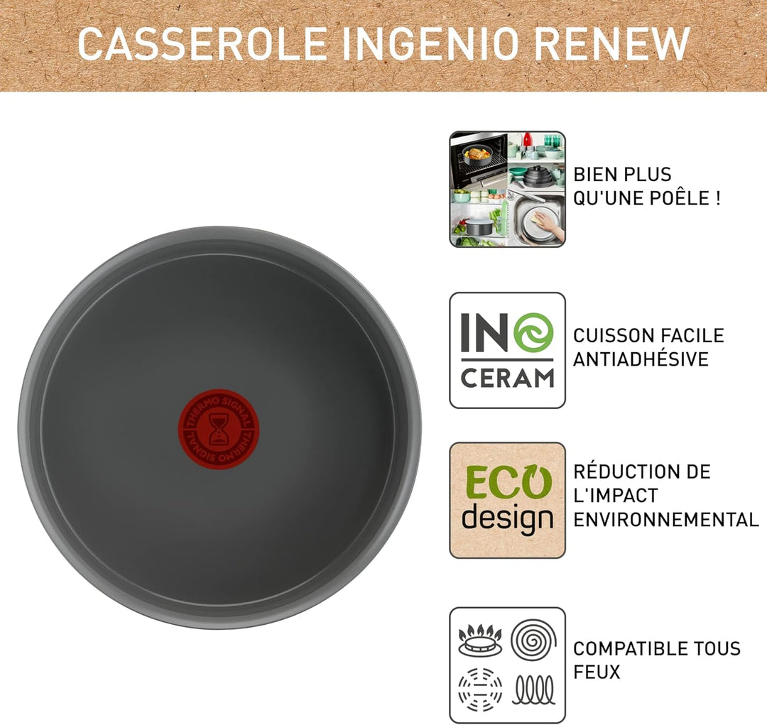 Tefal Ingenio Renew Kochtopf, 18 cm, Antihaftbeschichtung, recycelt, gesundes Kochen, Thermo-Signal™