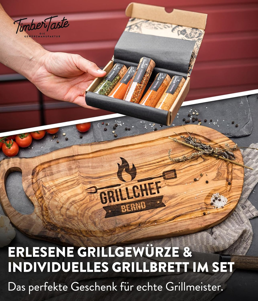 BBQ Grill Gewürz & Grillbrett für Männer [+ PERSONALISIERT] - 5 erlesene Grillgewürze inkl. Rezepte,