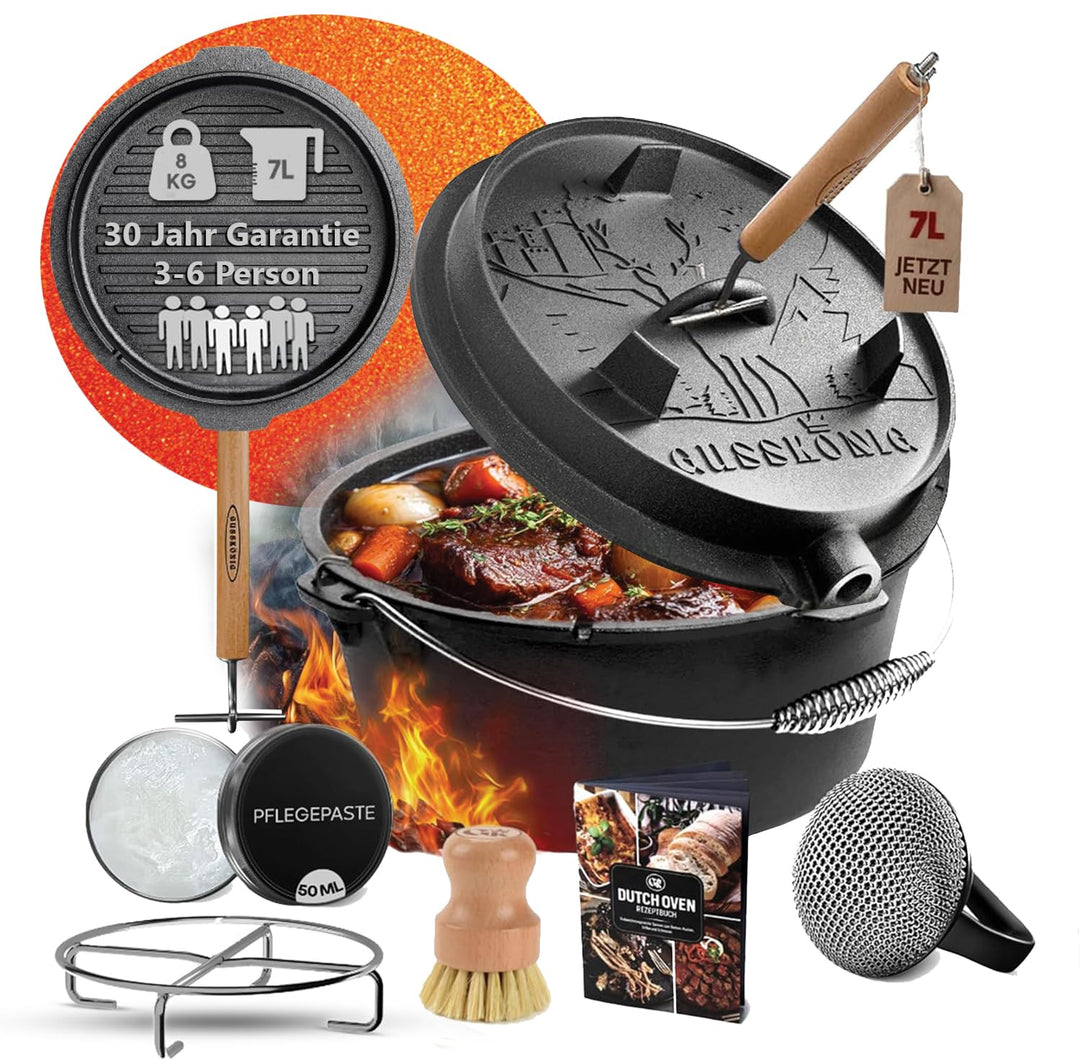 Dutch Oven Set–Eingebrannter Dutch Oven 7L–Feuertopf Gusseisen ohne Füss–Schmortopf Doppelfunktion-2