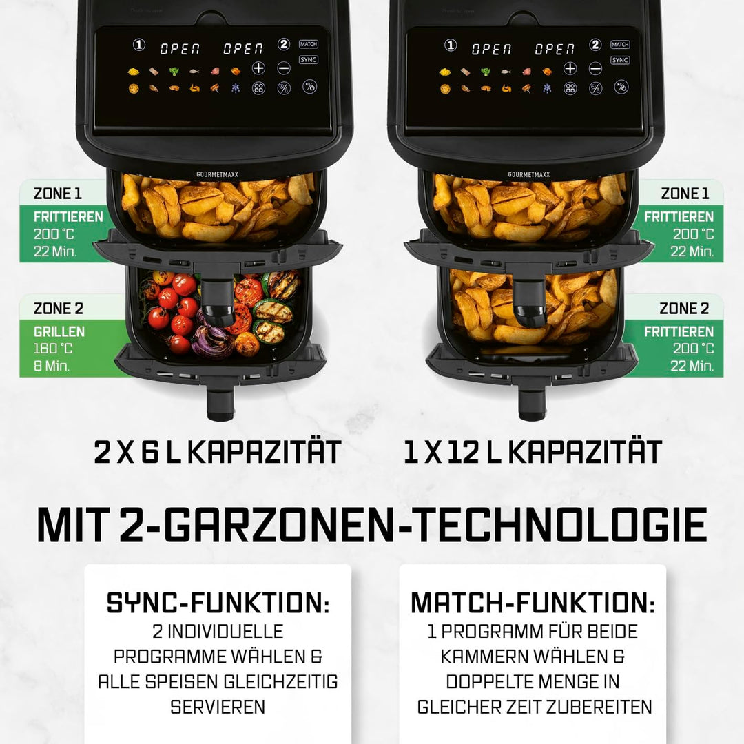 GOURMETmaxx FryUp XL vertikale Doppelkammer Heissluftfritteuse - 12 L | Airfryer mit Multi-Colour LE