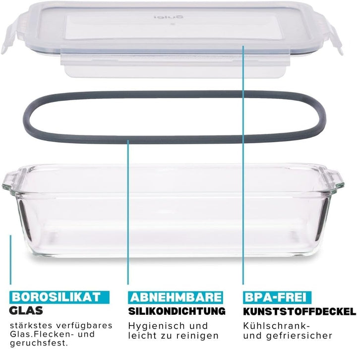 Igluu Meal Prep - Glas-Lasagneform mit luftdichtem Schnappverschluss-Deckel - Grosse rechteckige Bac