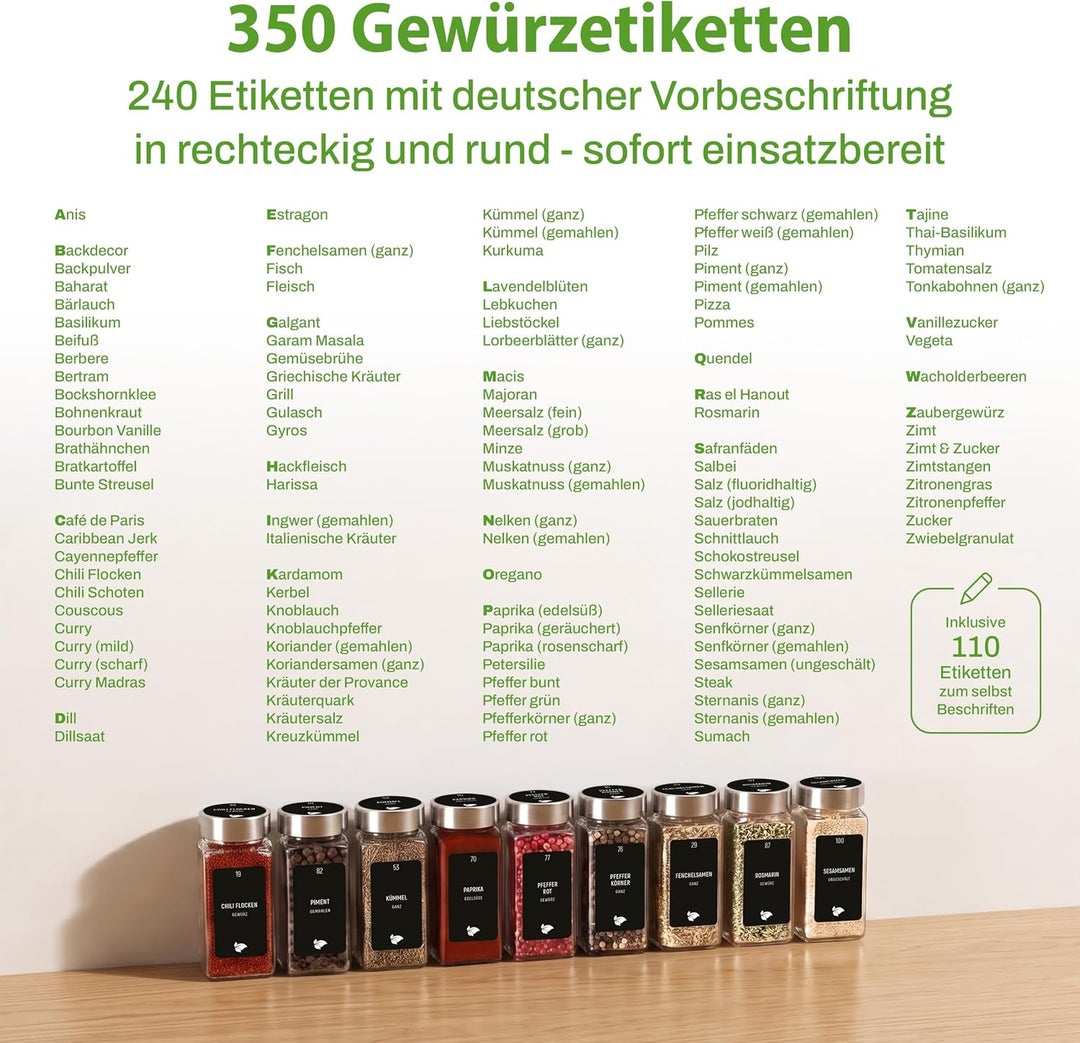 LAEVU Gewürzgläser Set Eckig | 24 Stk. 120ml - 11,1 x 4,5 cm | Gewürzstreuer Bambus mit 350 Gewürzet