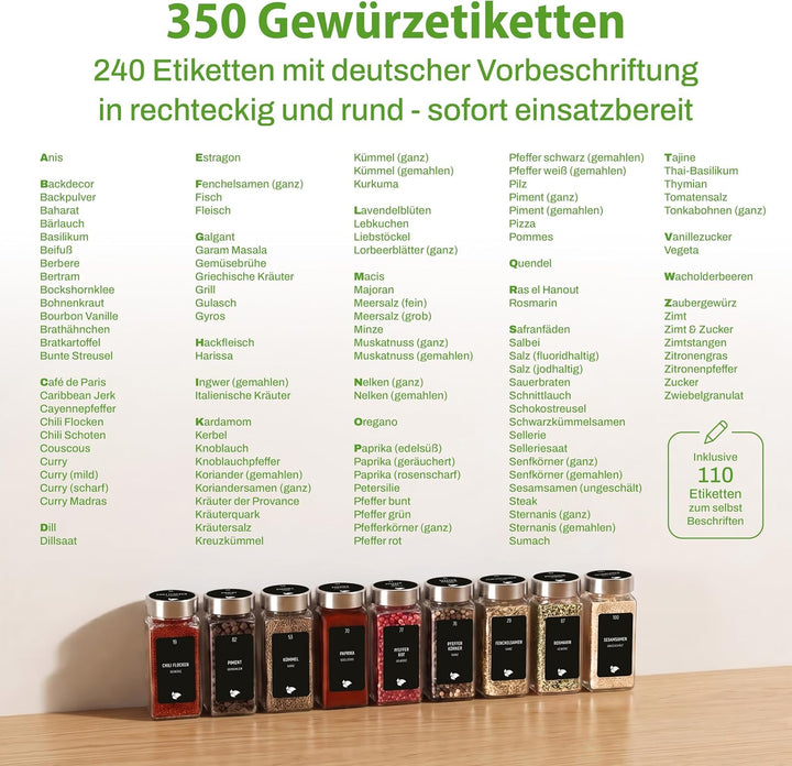 LAEVU Gewürzgläser Set Eckig | 24 Stk. 120ml - 11,1 x 4,5 cm | Gewürzstreuer Bambus mit 350 Gewürzet