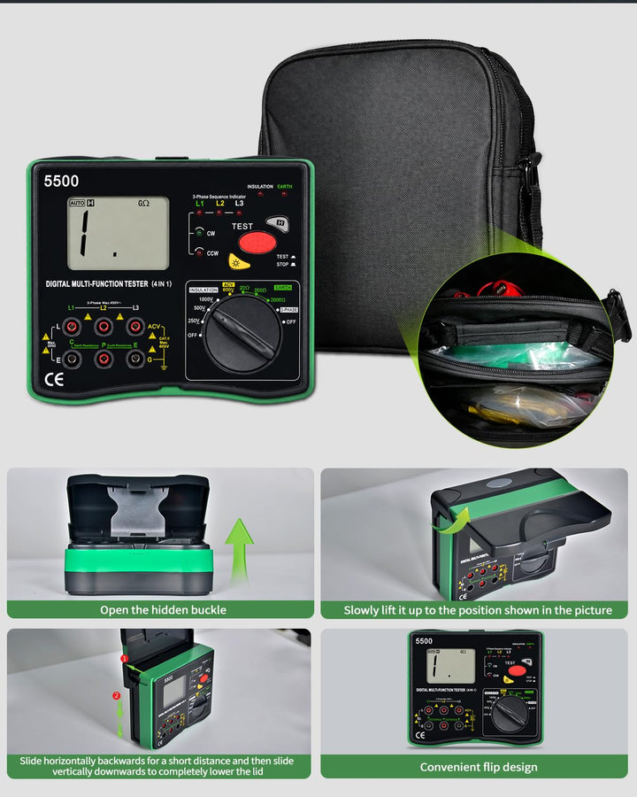 Erdungswiderstandsmessgerät, 20GΩ Megaohmmeter Voltmeter 4in1 Multimeter | Phasenfolgeprüfer, Erdung
