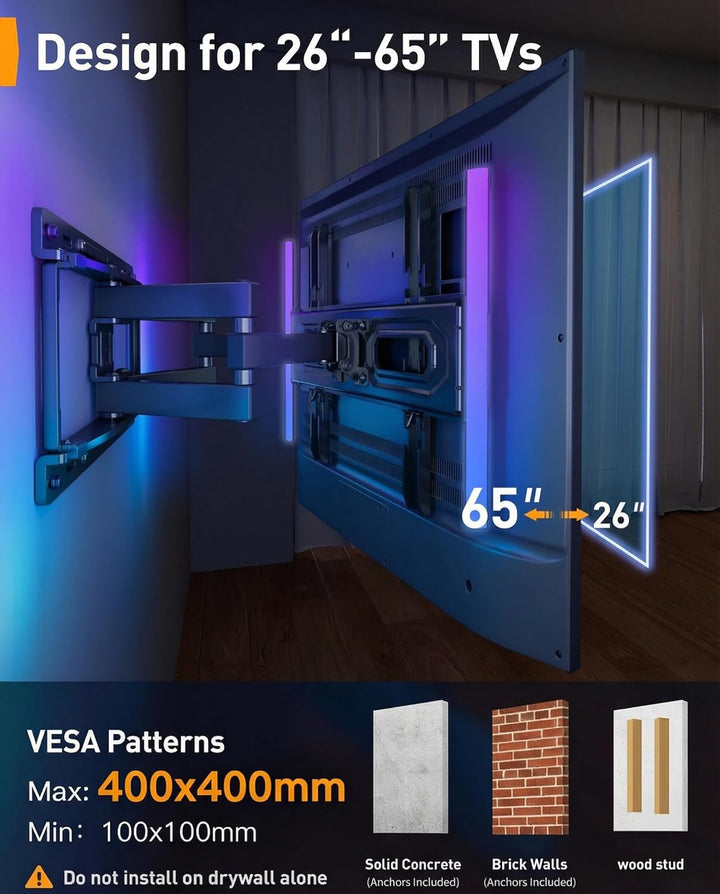 Perlegear TV Wandhalterung für 26-65 Zoll TVs bis 45 kg, LED-Hintergrundbeleuchtung mit Musik-Synchr