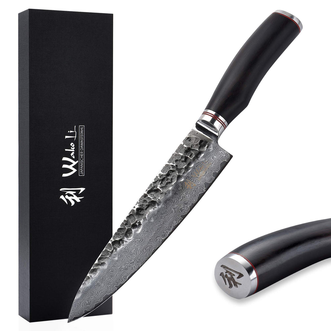 Wakoli EBO Kochmesser mit 20 cm Klinge aus 67 Lagen Damaststahl mit VG10 Kern, Hammerschlag, Eichenh