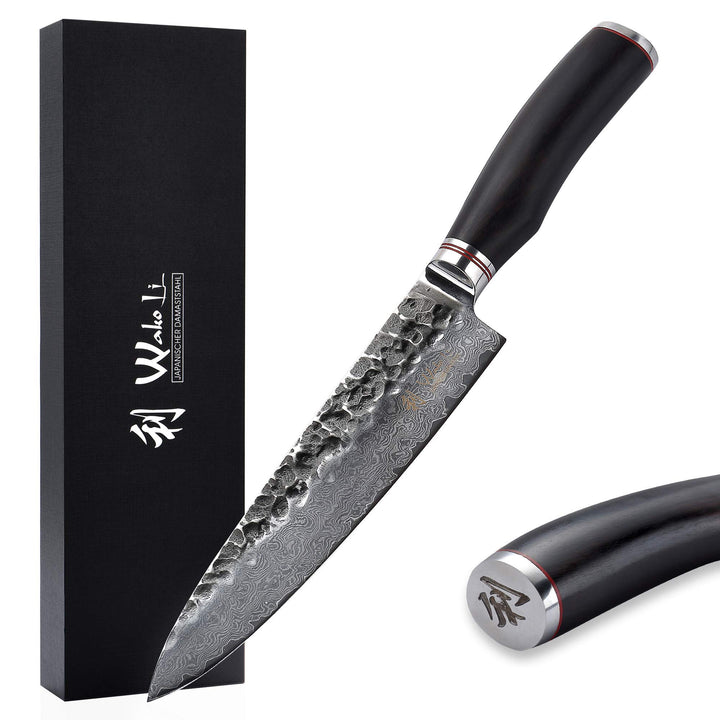Wakoli EBO Kochmesser mit 20 cm Klinge aus 67 Lagen Damaststahl mit VG10 Kern, Hammerschlag, Eichenh