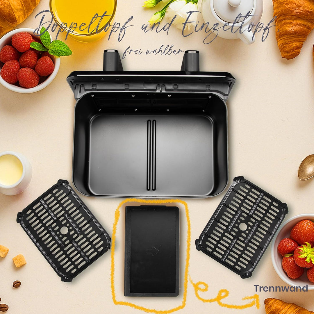 Heissluftfritteuse 9 L Doppelkammer Airfryer – 2200 W Starke Leistung, Sichtfenster, Farb-LED-Displa
