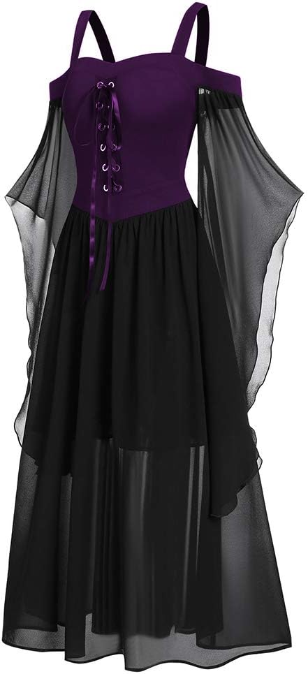CHARMMA Gothic Halloween Kleid Kostüm Damen,Übergrösse A-Linie Schnüren Maxi Kleider mit Schmetterli