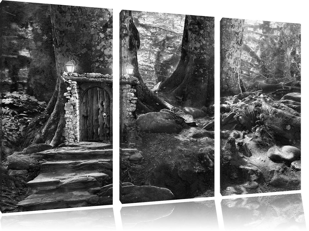 Pixxprint Geheimes Tor im Wald / 3-Teilig/Gesamtmass 120cm Leinwandbild bespannt auf Holzrahmen/Wand