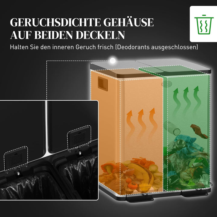 HOMCOM Mülleimer 2 x 20L Abfalleimer aus Edelstahl Mülltrennsystem mit Softclose Deckel, Herausnehmb