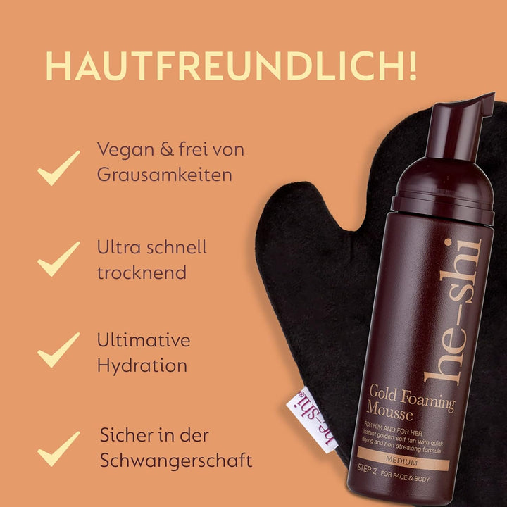 He-Shi Gold Foaming Mousse Instant Self-Tanning Foam - Kein Geruch von künstlicher Bräune - Formel f
