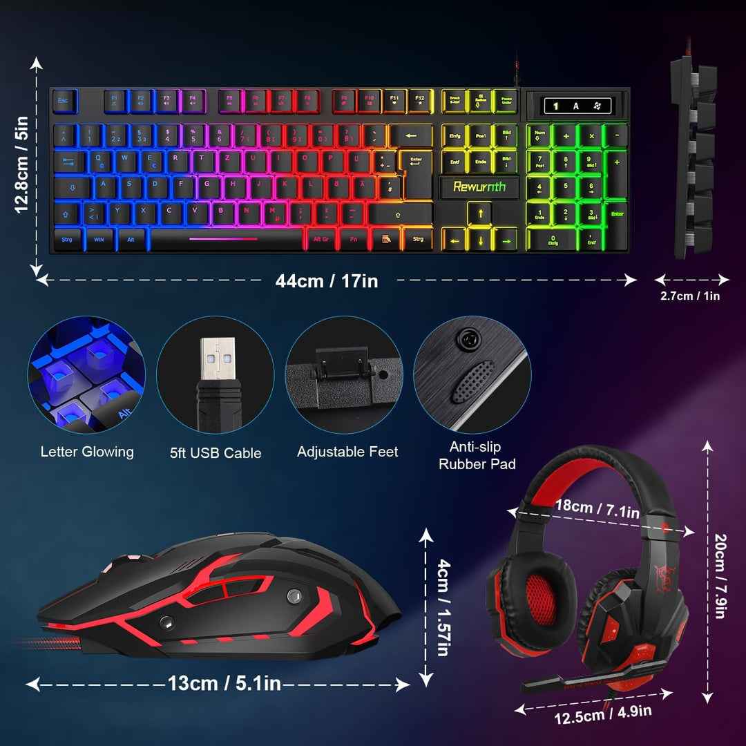 Gaming Tastatur und Maus Set mit Headset, QWERTZ DE Layout, RGB Beleuchtete Tastatur, 4 Farben LED G